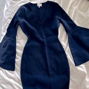 Milly navy v-neck, bell sleeved mini sweater dress in size P.